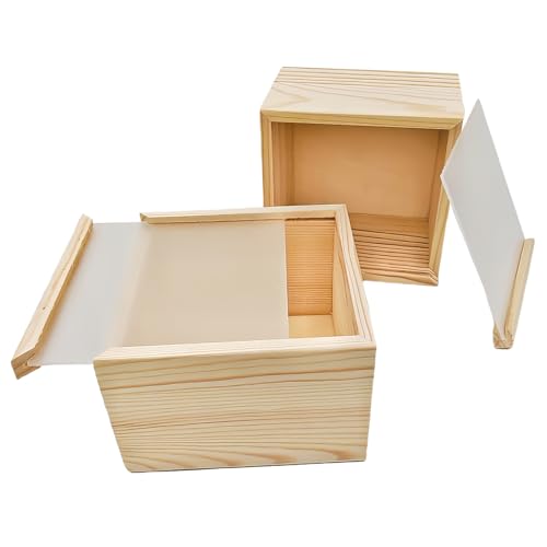 Anktily Aufbewahrungsboxen aus unlackiertem Holz mit Acryl-Schiebedeckel, quadratische Holzbox für Bastelarbeiten, Aufbewahrung und dekorativer Organizer (12 x 12 x 8 cm), 2 Stück von Anktily