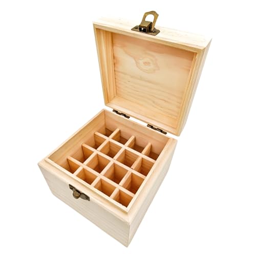 Anktily Unlackierte Aufbewahrungsbox aus Holz mit 16 Fächern, 11,5 x 11,5 x 9,5 cm, unlackierte Holzkiste mit Verschluss, für kleine Andenken, Schmuck, Teebeutelhalter von Anktily
