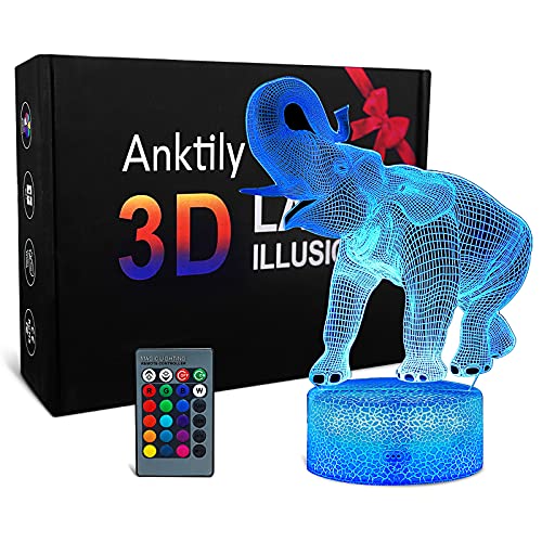Elefanten Nachtlicht für Kinder, 3D Illusions Lampe, 16 Farben Nachttischlampe mit Fernbedienung, Elefantengeschenke für Kinder Jungen Mädchen von Anktily