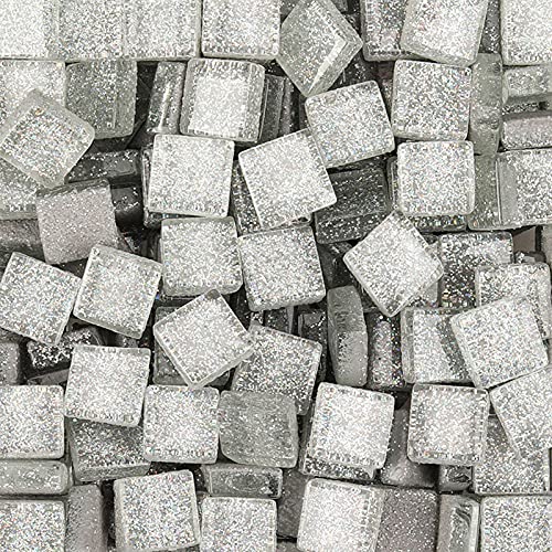 Glasmosaikfliesen Bulk-Quadrat Mosaiksteine Glitzerkristall Glasstücke, Glasfliesen Glassteine für Basteln, Haus Deko 200 g, 1 x 1 cm(Silber) von Anktily