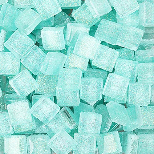 Glasmosaikfliesen Bulk-Quadrat Mosaiksteine Glitzerkristall Glasstücke, Glasfliesen Glassteine für Basteln, Haus Deko 200 g, 1 x 1 cm(Wasserblau) von Anktily