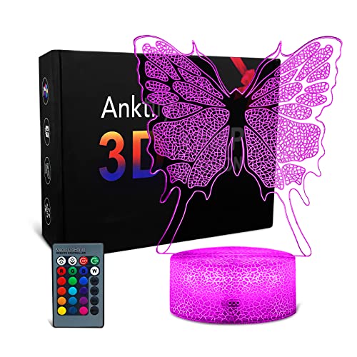Schmetterling 3D Nachtlicht für Kinder, 3D Illusion Lampe 16 Farbfernbedienung Tischlampe Schreibtischlampe, Geburtstagsgeschenke für Mann Frau Junge Mädchen von Anktily