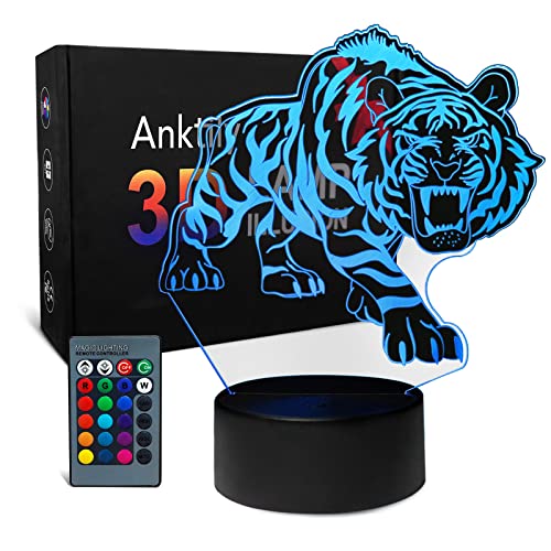 Tiger 3D Nachtlicht Illusion Lampe für Kinder,16 Farben Nachttischlampe Tischlampe Dekor Lampe mit Fernbedienung, Geburtstagsgeschenk für Jungen Mädchen von Anktily