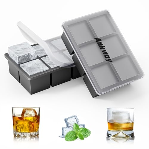 Ankway Große Eiswürfelform 2er-Pack, Eiswürfelbehälter Silikon Eiswürfelform mit Deckel für 5cm 12 Eiswürfel, BPA Frei, Stapelbar Ice Cube Tray für Whiskey Cocktail von Ankway