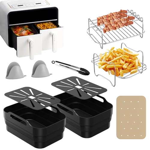 Ankway Ninja Heißluftfritteuse Zubehör, 2024 Neu AF500EU Dual Airfryer Accessories für Ninja Foodi FlexDrawer 10.4L, 10 PC 7-in-1 Released AF500EU Liner & Racks von Ankway