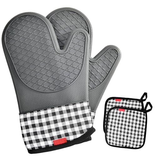 Ankway Ofenhandschuhe Topfhandschuhe 4er Set, Hitzebeständige Backhandschuhe, Topfhandschuhe aus weicher Baumwolle, Lange Flexible Dicke silikon Kochhandschuhe für Kochen Backen Grillen von Ankway