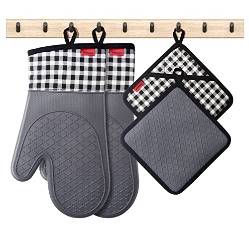 Ankway Ofenhandschuhe Topfhandschuhe 4er Set Hitzebeständige Backhandschuhe,weiche Baumwolle,Lange Flexible Dicke silikon Kochhandschuhe Kochen Backen Grillen,ASI010-P,Grau,Topflappen Silikon von Ankway