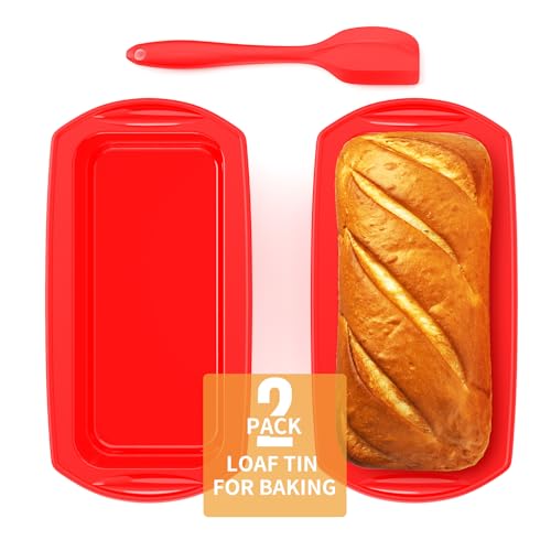 Ankway Rechteckig Silikon Brotbackform mit Teigschaber, 2er Set Anti haftende Silikon Backform Kastenform für Kuchen und Brote, 28x14.3x6.3cm, Rot, ASI013 von Ankway