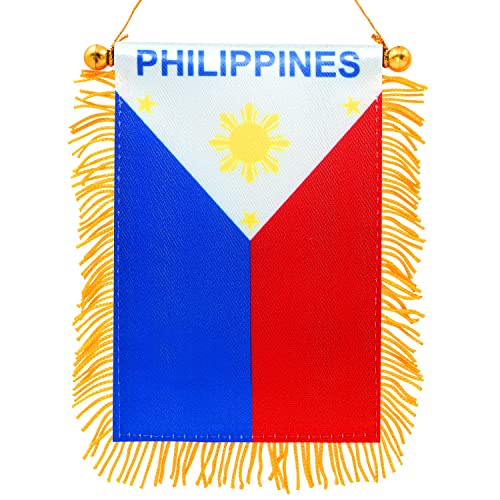 Anley 10,2 x 15,2 cm Philippinen-Flagge zum Aufhängen am Fenster – Mini-Flaggen-Banner und Auto-Rückspiegel-Dekor – mit Fransen und doppelseitig – philippinische Flagge zum Aufhängen mit Saugnapf von Anley