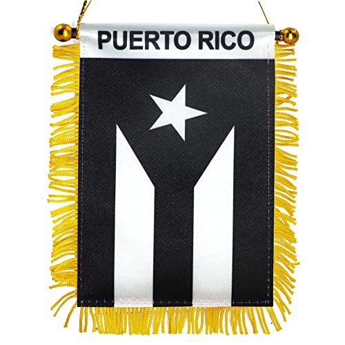 Anley 10,2 x 15,2 cm Puerto Rico Fransen-Flagge zum Aufhängen am Fenster – Mini-Flaggen-Banner und Auto-Rückspiegel-Dekoration – Puerto-Rico-Flagge mit Fransen zum Aufhängen mit Saugnapf (schwarz) von Anley