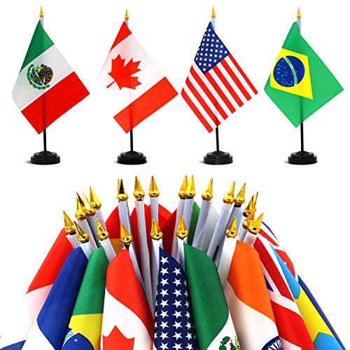 Anley 24 Länder Deluxe Schreißtischflaggen Set - 7,5 x 5,5 Zoll Miniatur Amerikanische US Schreißtischflagge mit 12,5" schwarzem Mast - Lebendige Farbe und lichtecht - Kommt mit schwarzem Sockel von Anley