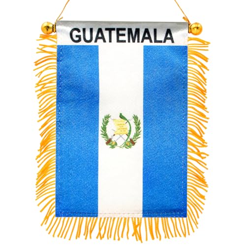 Anley 4x6 Zoll Guatemala-Flagge mit Fransen zum Aufhängen am Fenster – Mini-Flaggenbanner und Dekor für den Auto-Rückspiegel – mit Fransen und doppelseitig – guatemaltekische Hängeflagge mit Saugnapf von Anley