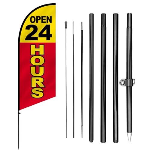 Anley 7,5 Fuß Open 24 Hours Federbanner-Set - Outdoor Swooper-Werbefahnen mit Stange und Pfahl - Öffnungszeiten-Schild für Geschäfte, Restaurants, Tankstellen - Wetterfest und einfache Einrichtung von Anley