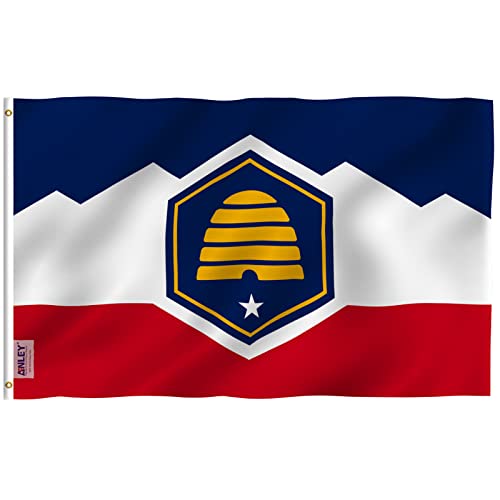 Anley Fly Breeze 3x5 Feet New Utah State Flag - Canvas Header and Double Stitched - New Utah UT Flags Polyester with Brass Grommets 3 X 5 Ft von Anley