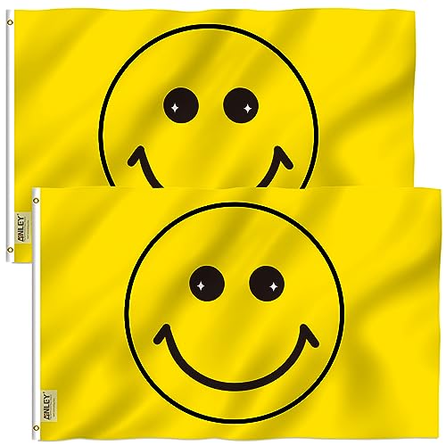Anley 2er Pack Fly Breeze 3x5 Fuß gelbe Happy face-Flagge - Lebendige Farbe und UV-Lichtechtheit - Leinwandkopf und doppelt genäht - Happy Face Flags Polyester mit Messingösen 3 x 5 Ft von Anley