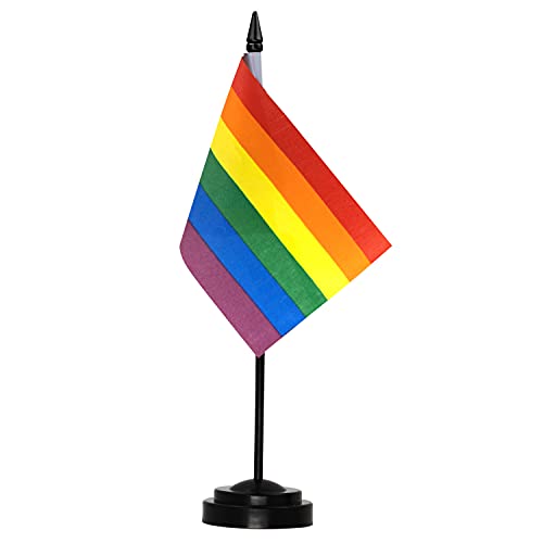 Anley Rainbow Deluxe Schreibtischflaggen-Set - 6 x 4 Zoll Miniatur-LGBTQ-Desktop-Flagge mit 12 "fester Stange - lebendige Farbe und lichtbeständig - schwarzer Sockel und Speerspitze von Anley