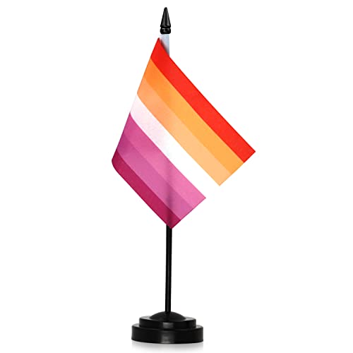 Anley Sunset Lesbian Pride Deluxe Tischflaggen-Set – 15,2 x 10,2 cm Miniatur-Desktop-Flagge mit 30,5 cm massiver Stange – lebendige Farbe und lichtbeständig – schwarze Basis und Speerspitze von Anley