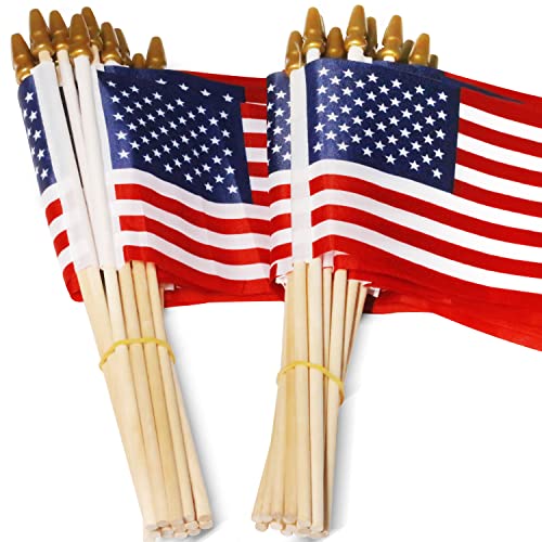 Anley USA 4x6 in Holzstabflagge - Viel von 50-4. Juli Dekoration, Veteranenparty, Grabmal, etc. - Handgehaltene amerikanische Flagge mit kindersicherem goldenem Speerspitze (50er Pack) von Anley