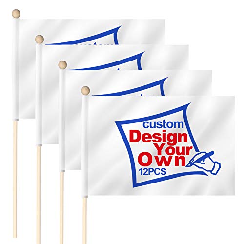 Anley Maßgeschneiderte Miniatur-Stabflagge 5 x 8 Zoll mit Holzstange – Drucken Sie Ihr eigenes Design/Wörter – einfach zu handhaben – individuelle handgehaltene Mini-Flaggen-Banner (1 Dutzend) von Anley