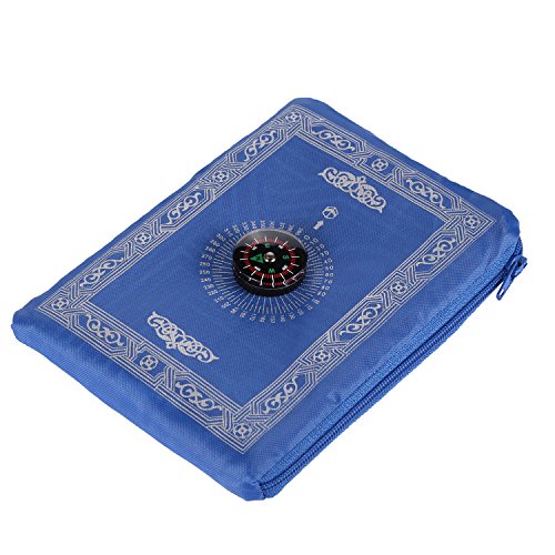 Anlising Islamic Travel Prayer Mat with Compass Pocket Sized Carry Bag and Attached Compass Prayer Rug Portable Polyester 60 * 100cm Blue von Anlising