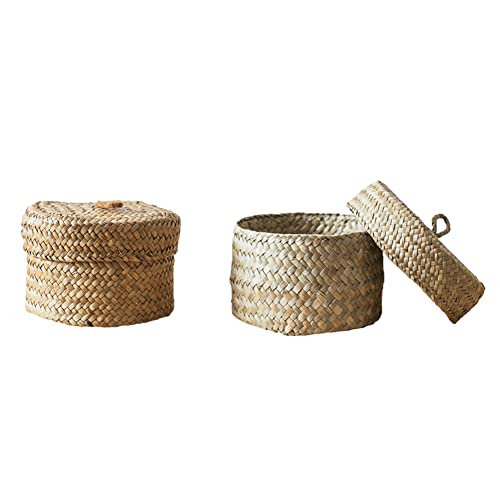 Anloximt 2Pack Kleine runde Seegras-Aufbewahrungskörbe zylinderförmige gewebte Regalkörbe kleine Seegras-Körbe mit Deckel Seegras-Behälter-Box Organizer-Hülle für Speisekammer Regale Schränke von Anloximt