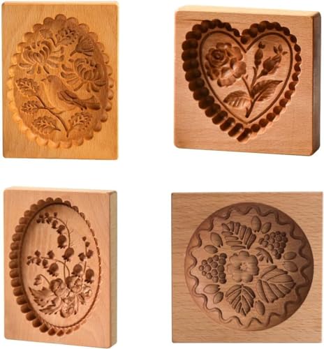 Anloximt 4Pack Holzkeksform Ausstechform Holzbackform Kekse Stempel Geschnitzt Impressum Formen Presse Geschnitzt Holzkeksform Für Mondkuchen Keks Schokolade von Anloximt