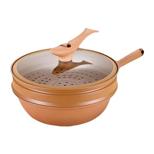 Anloximt 51 cm Wok- und Rührbratpfanne Kupfer Antihaftbeschichtung Wok mit Dämpfeinsatz Wokpfanne mit Deckel Wokpfanne mit flachem Boden für Induktion Elektroherde Die meisten Herdarten von Anloximt