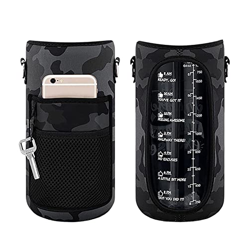 Anloximt Halbe Gallone Wasserflasche mit Ärmel | Wasserkrüge mit Verbrühungsschutz mit Strohhalm und Riemen - 64 oz auslaufsichere große Wasserkrüge mit Zeitmesser und 2 Taschen von Anloximt