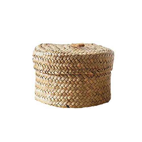 Anloximt Kleine runde Seegras-Aufbewahrungskörbe zylinderförmige gewebte Regalkörbe kleine Seegras-Körbe mit Deckel Seegras-Behälter-Box Organizer-Hülle für Speisekammer Regale Schränke von Anloximt