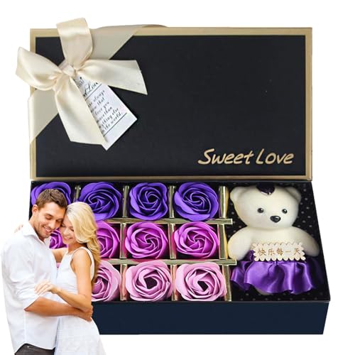 Anloximt Rosen-Seifenstück, Blumen-Geschenkbox, blumig duftendes Badeseifenstück, Rosenblütenblätter - Blütenblätterförmiges Rosen-Seifenstück-Set 12-teilig - Geschenk-Rosen-Seifenstück zum Muttertag von Anloximt