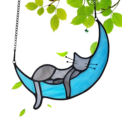 Anloximt Sonnenfänger für Katzen | Katze auf Mond Buntglas-Fensterbehänge - Handgefertigte Glasmalerei-Katzendekoration für Fenster, 2D von Anloximt