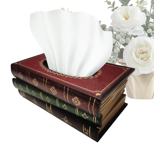 Anloximt Taschentuchbox Bücher-Tücherbox Aus Holz-Taschentuchspender-Kosmetiktücher Tissue Box-Tissue Halter Papier Tissue Storage | Für Esszimmer Badezimmer Schlafzimmer Büro, 25.5x14x9.5cm, Rot von Anloximt