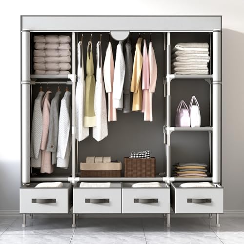 Anmas Power Kleiderschrank,Schlafzimmer Stoffschrank,Kleiderstander mit Schubladen,Faltbar Garderobe mit 2 Kleiderstange 150 x 45 x 170 cm （Grayish-White） von Anmas Power