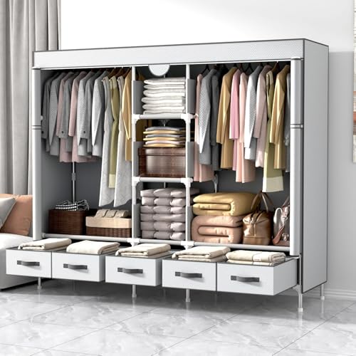 Anmas Power Tragbarer Stoffschrank, Kleiderständer mit Kleiderstange, 5 Stoffschubladen, Schuhfächer, faltbar, Schwarz (185 x 45 x 170 cm, gebrochenes Weiß) von Anmas Power