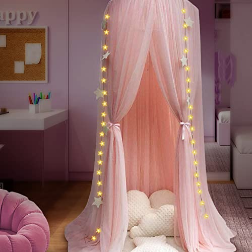 Anmas Power Rosa Moskitonetz Kinder Betthimmel Babybett Baldachin Prinzessin Moskitonetz Dekor Höhe 300cm mit Sternen Dekoration & 40 Sternenlichter,Kuppel Premium Garn Netting Vorhänge von Anmas Power