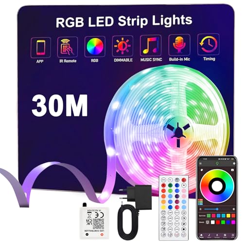 Anmossi LED Streifen 30m RGB Led Strip mit Fernbedienung und APP-Steuerung Bluetooth Musik Sync Timer-Einstellung Dimmbar Farbwechsel Led Lichterkette Lichtband Leiste Band für Zimmer Partei Deko von Anmossi
