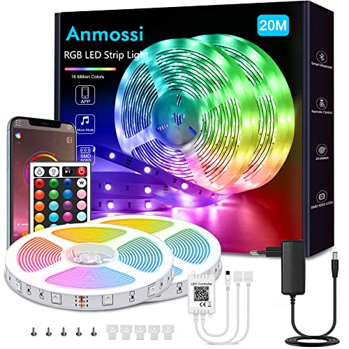 Anmossi LED Strip 20m,Smart Bluetooth RGB LED Streifen,SMD 5050 LED Lichter,Steuerbar via App und Fernbedienung,Musiksync LED Band für Schlafzimmer, Wohnzimmer, Küche, Party, TV Dekoration von Anmossi