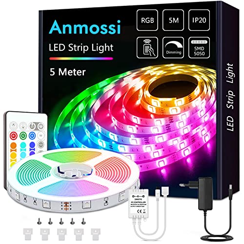 Anmossi LED Strip 5m,RGB LED Streifen mit Fernbedienung,AC220V-240V Dreamcolor LED Lichtleiste,SMD 5050 LED Lichtband,für die Beleuchtung von Haus,Decke,Party, Küche von Anmossi