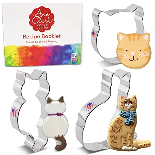 Ann Clark Ausstechformen - Katzen - 3 Teile Set mit Rezept - Katzengesicht, liegende und sitzende Katze - US verzinnter Stahl von Ann Clark Cookie Cutters