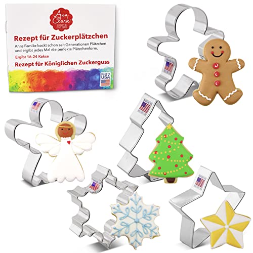 Ann Clark Ausstechformen - Weihnachten - 5 Teile Set - Schneeflocke, Stern, Weihnachtsbaum, Lebkuchen-Mann, Engel - US verzinnter Stahl von Ann Clark Cookie Cutters