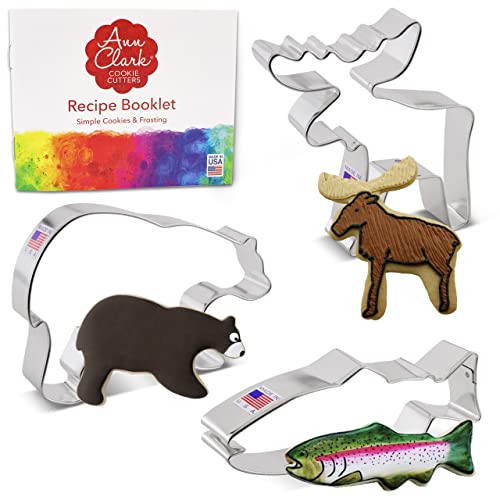 Ann Clark Cookie Cutters 3-teiliges Ausstechformen-Set "Berge Wildtiere" mit Rezeptbroschüre, Grizzly Bär, Elch und Fisch von Ann Clark Cookie Cutters