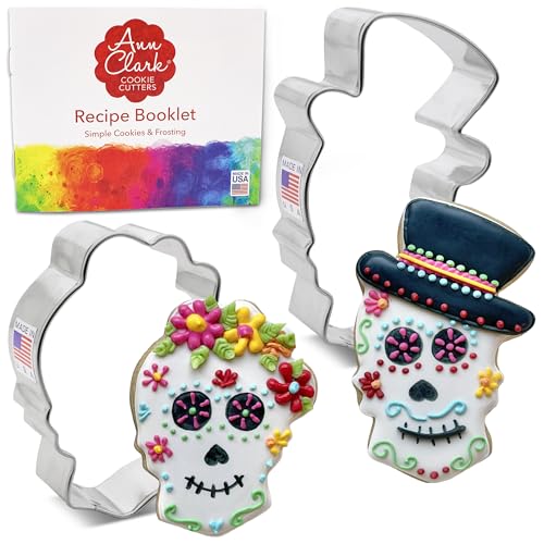 Day of the Dead Ausstechformen aus Zuckerschädel, 2-teiliges Set von Ann Clark, Zuckerschädel mit Blumen und Zuckerschädel mit Zylinderhut von Ann Clark Cookie Cutters