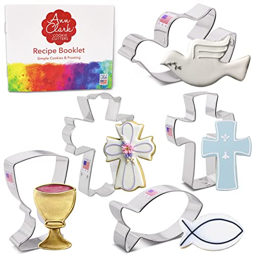 Ausstechformen von Ann Clark USA - 5-Teiliges Kommunion, Ostern, Konfirmation, Taufe Keksausstecher Set - Kelch, Christus Fisch, Heiliges Kreuz, Taube, Kreuz von Ann Clark Cookie Cutters