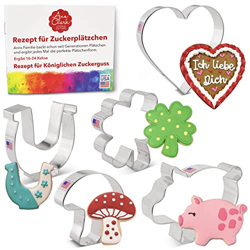 Ausstechformen von Ann Clark USA - Keksausstechers für Neujahr, Viel Glück und Liebe - 5-Teilig Set, Herz, Pilz, Schwein, Hufeisen, Kleeblatt von Ann Clark Cookie Cutters