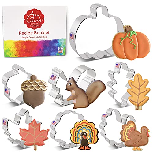 Thanksgiving Erntedankfest Ausstechformen-Set, 7-teilig, mit Rezeptheft, Kürbis, Ahorn und Eichenblatt, Truthahnen, Eichhörnchen, Eiche von Ann Clark von Ann Clark Cookie Cutters