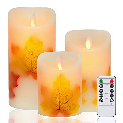 AnnSpa 3 Set Ahornblatt LED Kerzen Batteriebetriebene mit 10-Tasten-Fernbedienung und Radfahren 24-Stunden-Timer,Flammenlose Echtes Wachs Flackern Moving Wick Flackern Amber Yellow Light Candles AnnSpa 3 Set Ahornblatt LED Kerzen Batteriebetriebene mit 10-Tasten-Fernbedienung und Radfahren 24-Stunden-Timer,Flammenlose Echtes Wachs Flackern Moving Wick Flackern Amber Yellow Light Candles von AnnSpa