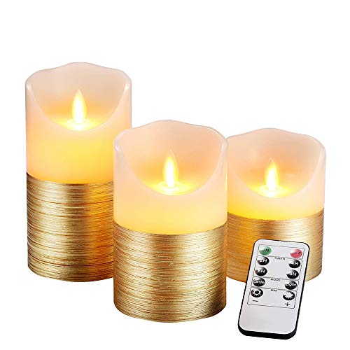 AnnSpa 3 Set Gold LED Kerzen Batteriebetriebene mit 10-Tasten-Fernbedienung und Radfahren 24-Stunden-Timer，Flammenlose Echtes Wachs Flackern Moving Wick Flackern Amber Yellow Light Pillar Candles von AnnSpa