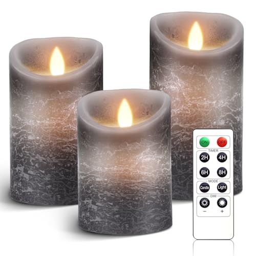 AnnSpa 3 Set Grau LED Kerzen Batteriebetriebene mit Fernbedienung，Flammenlose Echtes Wachs Flackern Moving Wick Flackern Amber Yellow Light Pillar Candles ，Unscented Wachs für Geschenk und Dekoration von AnnSpa