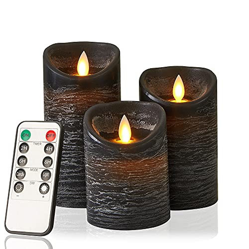 AnnSpa 3 Set Schwarz LED Kerzen Batteriebetriebene mit Fernbedienung，Flammenlose Echtes Wachs Flackern Moving Wick Flackern Amber Yellow Light Pillar Candles，Unscented Wachs für Geschenk/Dekoration von AnnSpa