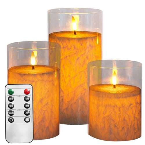 AnnSpa Transparent Glas LED Kerzen 3 Set Batteriebetriebene mit Fernbedienung, Flammenlose Echtes Wachs Flackern Wick Flackern Yellow Light Pillar Candles Kreativ Deko Kerzen von AnnSpa